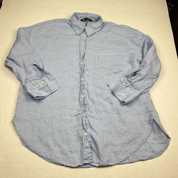 ZARA Womens Linen Button Down Tunic Shirt Blue 3/4 Sleeve Loose Fit Top SMALL - Picture 1 of 10